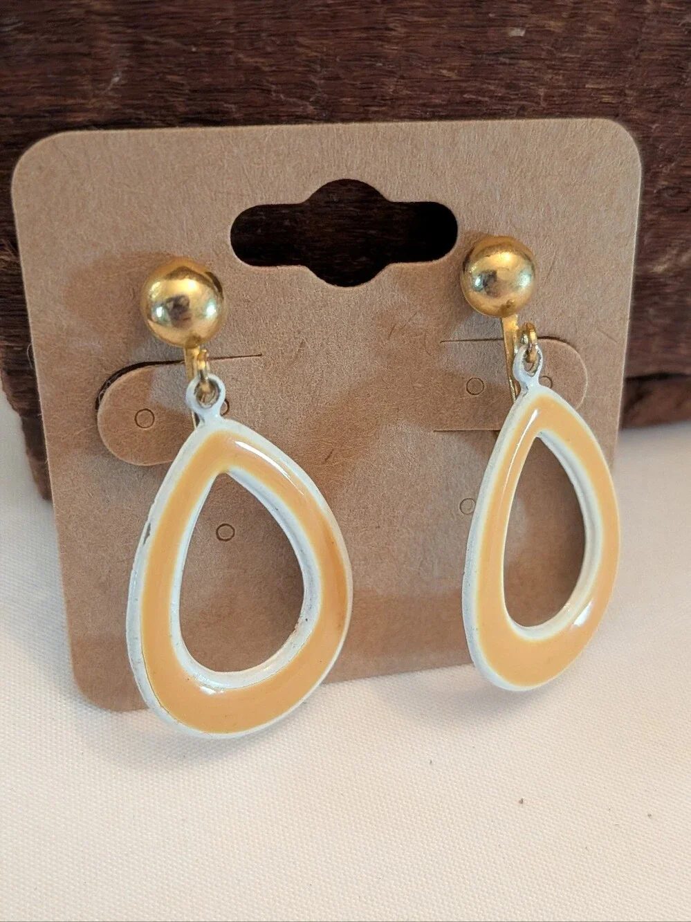 Vintage Clip On Gold and Peach Teardrop Dangle Earrings - Women Jewelry